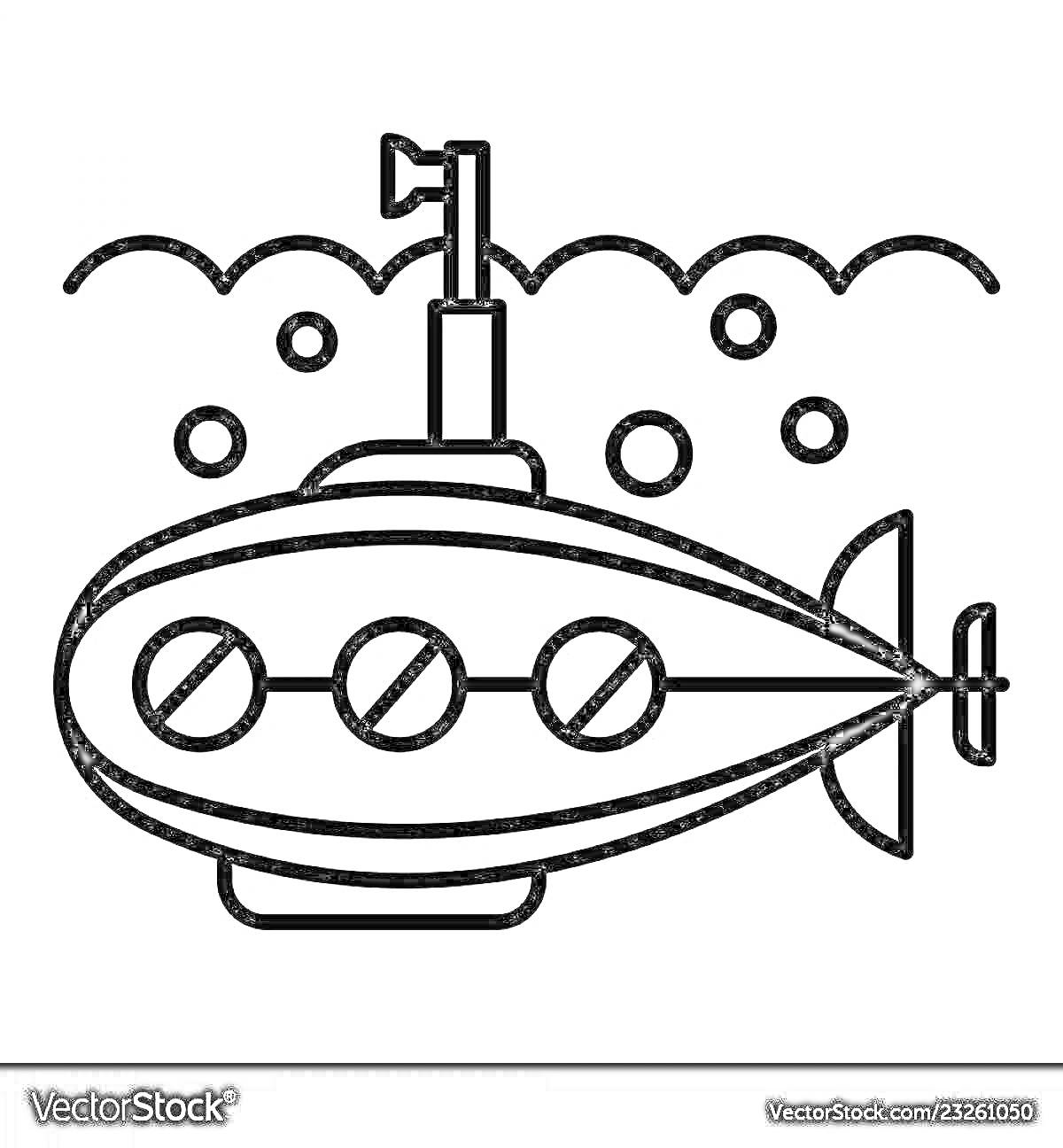 Раскраска батискаф с окнами, перископом и пузырями под водой