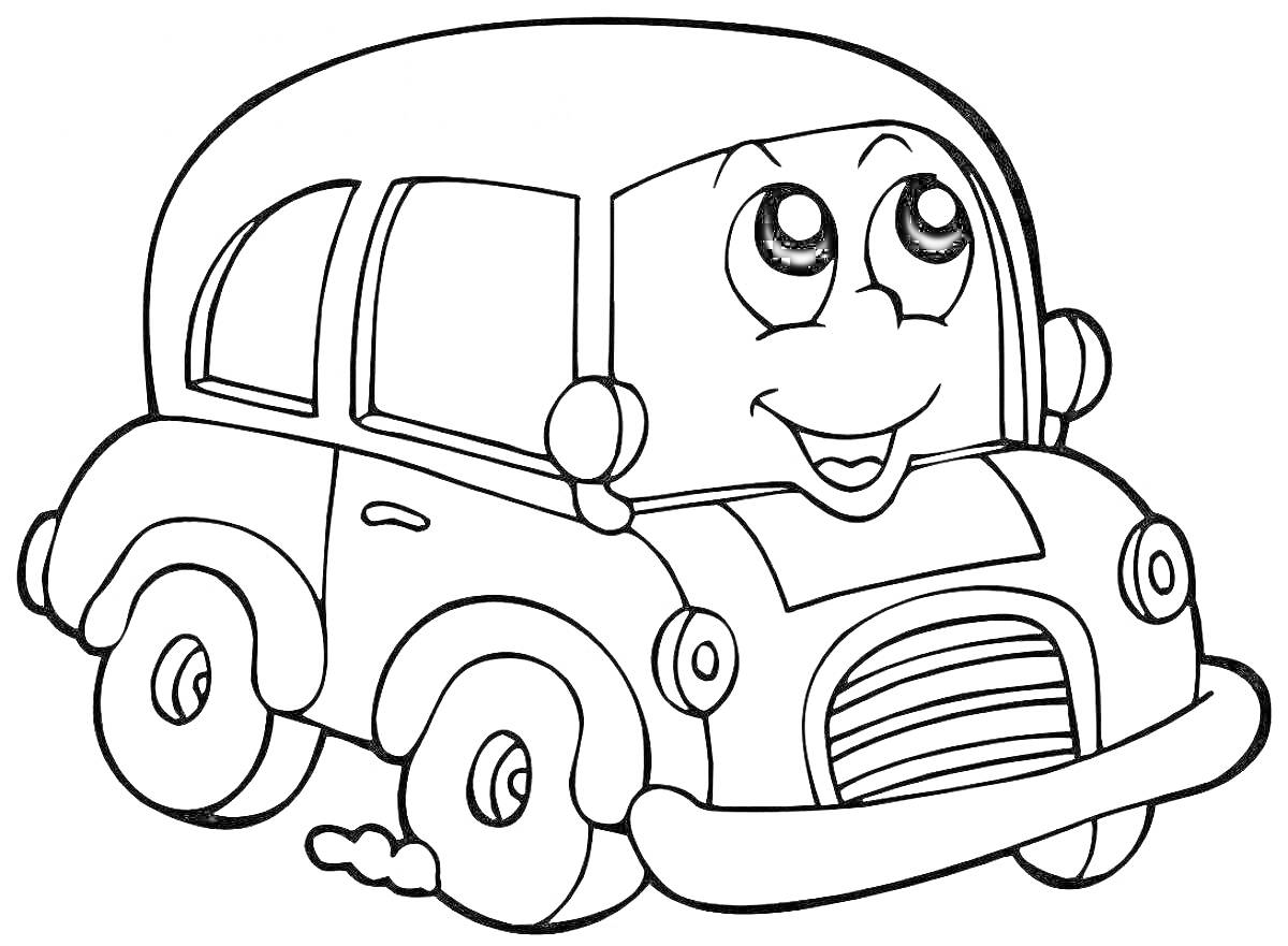 На раскраске изображено: Глаза, Улыбка, Колеса, Для детей, 4-5 лет, Мультяшная машина, Авто, Боковое зеркало