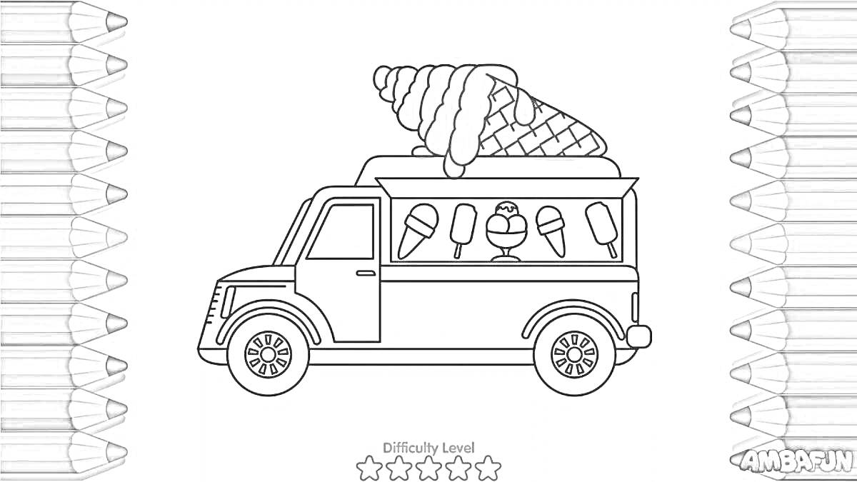 Раскраска Фургон с мороженым, мороженое-конус на крыше, изображения мороженого на борту, четыре льдинки в окне, колеса с узорами