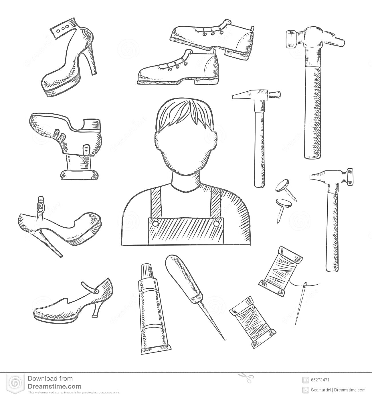 На раскраске изображено: Обувь, Молоток, Отвертка, Гвозди, Клей, Нитки, Человек