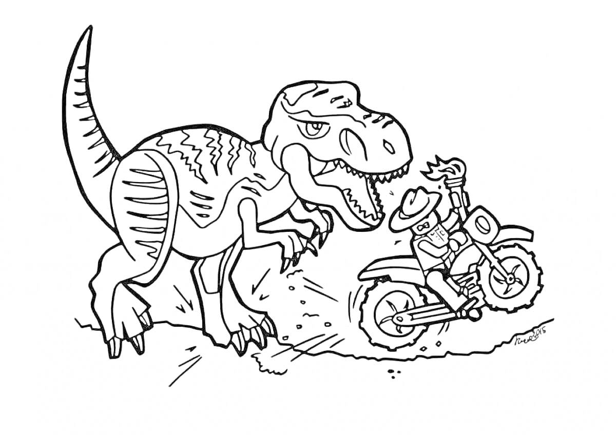 Раскраска Динозавр преследует мотоциклиста