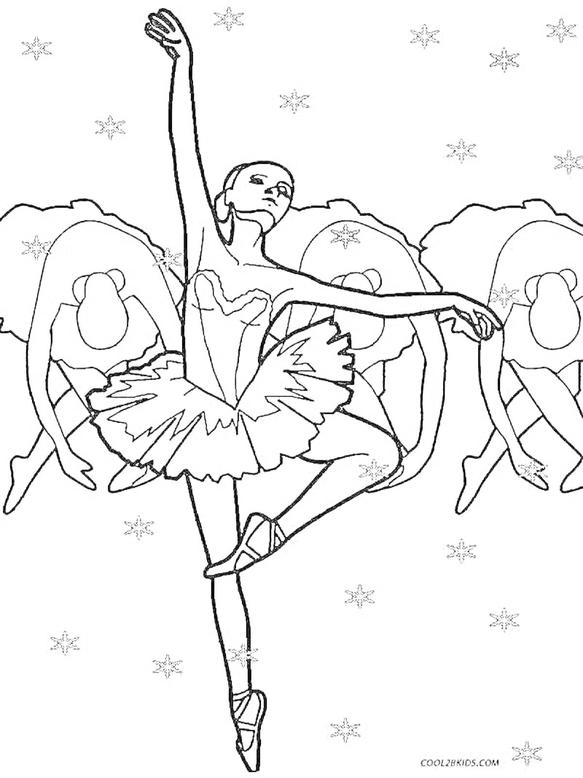 На раскраске изображено: Балет, Щелкунчик, Балерина, Снежинки, Танец, Балетная пачка, Рождество