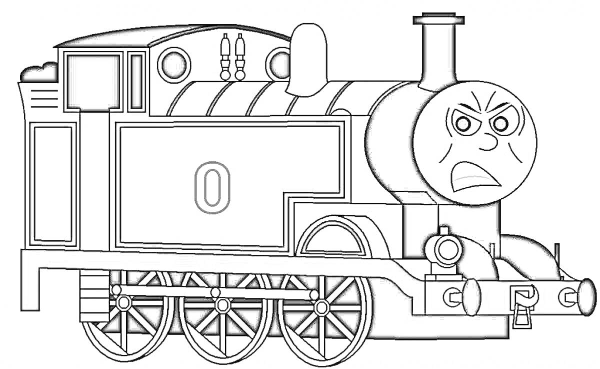 Раскраска Паровозик Томас с сердитым лицом и пятью колесами