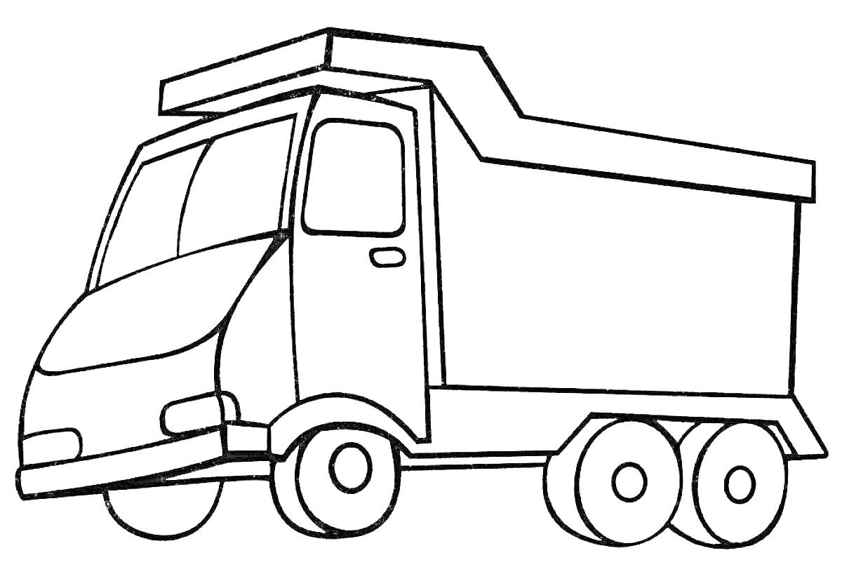 Раскраска грузовик с кабиной и кузовом, четыре колеса, прямоугольные окна и крышка на кузове