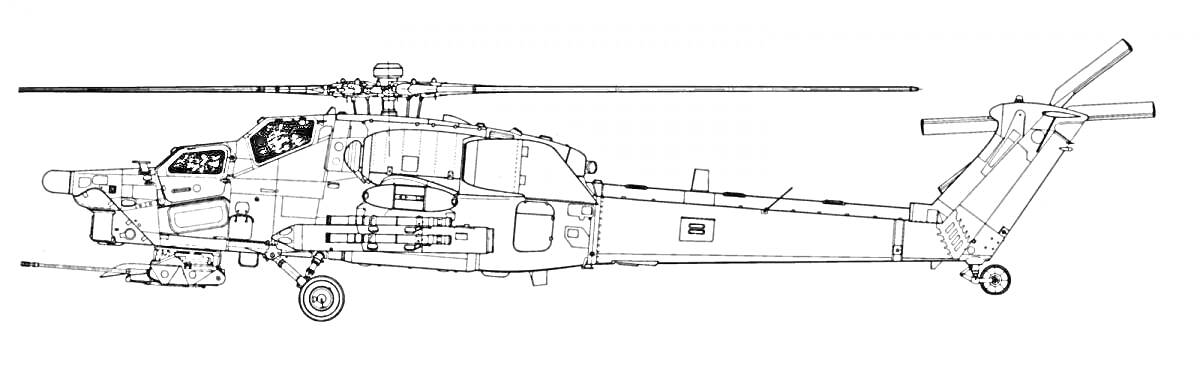Ми-24 вертолет. Профильный рисунок боевого вертолета с боковым видом, основными роторами, хвостовым ротором и шасси.