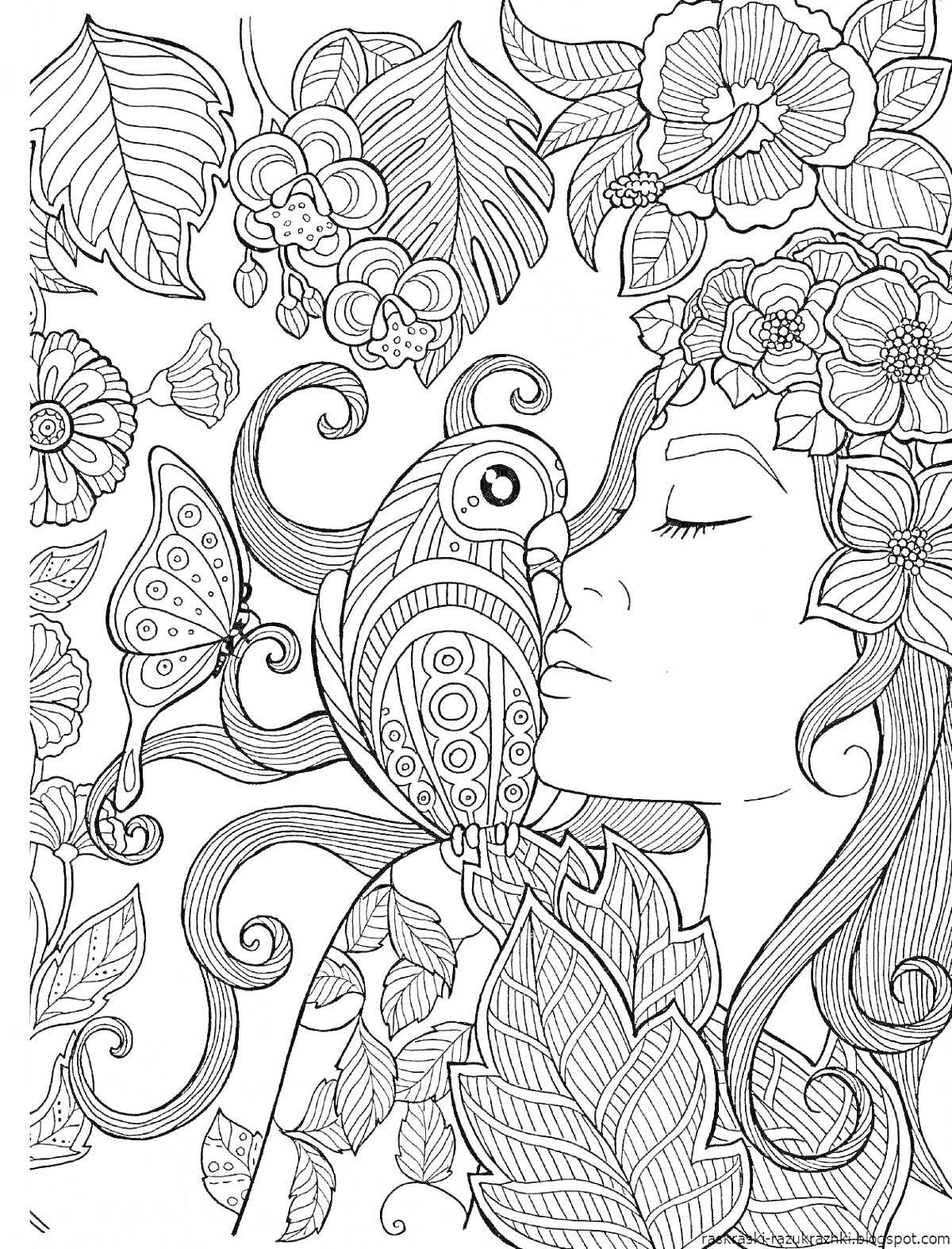 Раскраска Женщина с цветами, попугаем и бабочкой
