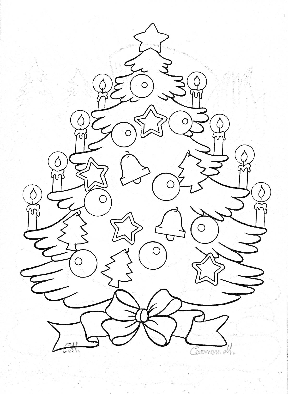 Раскраска Елка новогодняя с игрушками, в виде звезд, елочек, бубенцов, шариков и свечей, украшенная лентой с бантом