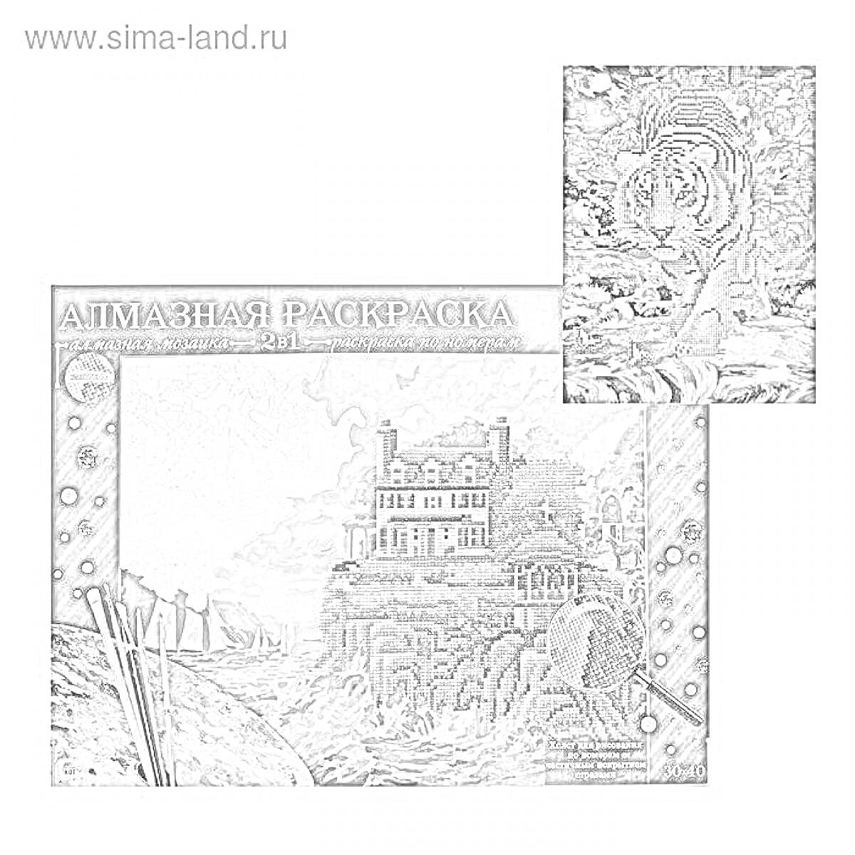 Раскраска Алмазная раскраска с домом у моря и тигром в лесу (представлены два изображения: дом у моря и тигр в лесу)