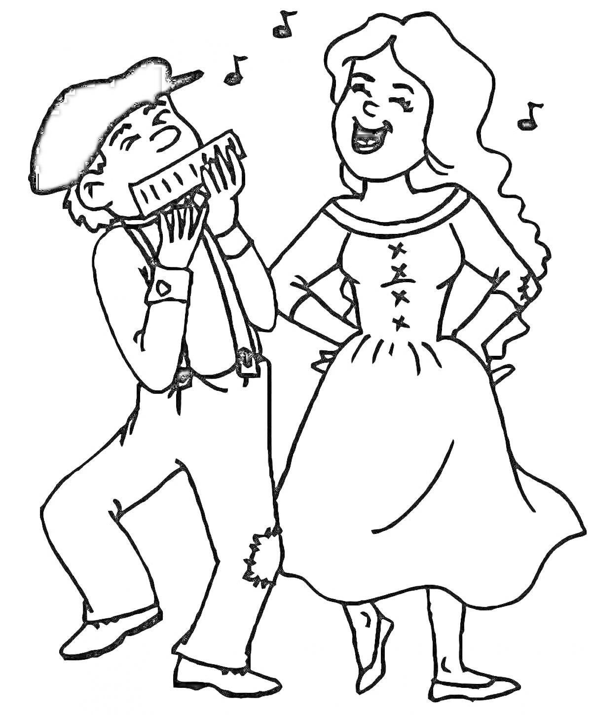 Раскраска Мужчина, играющий на гармонике, и танцующая женщина в платье