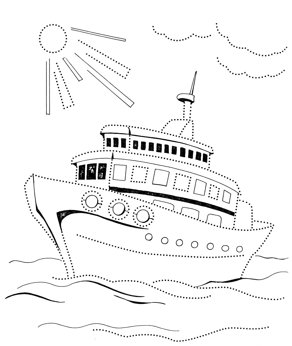 На раскраске изображено: Корабль, Море, Солнце, Облака, Для мальчиков, 8 лет, Морской транспорт, Лодка, Волны
