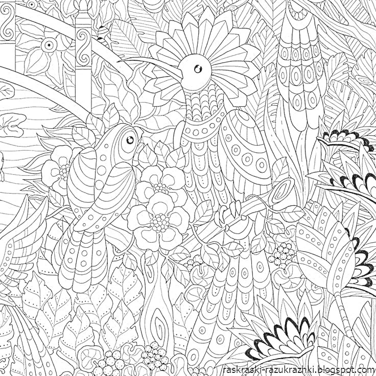 На раскраске изображено: Мост, Цветы, Листья, Узоры, Природа, Для детей, Птица, Сложные