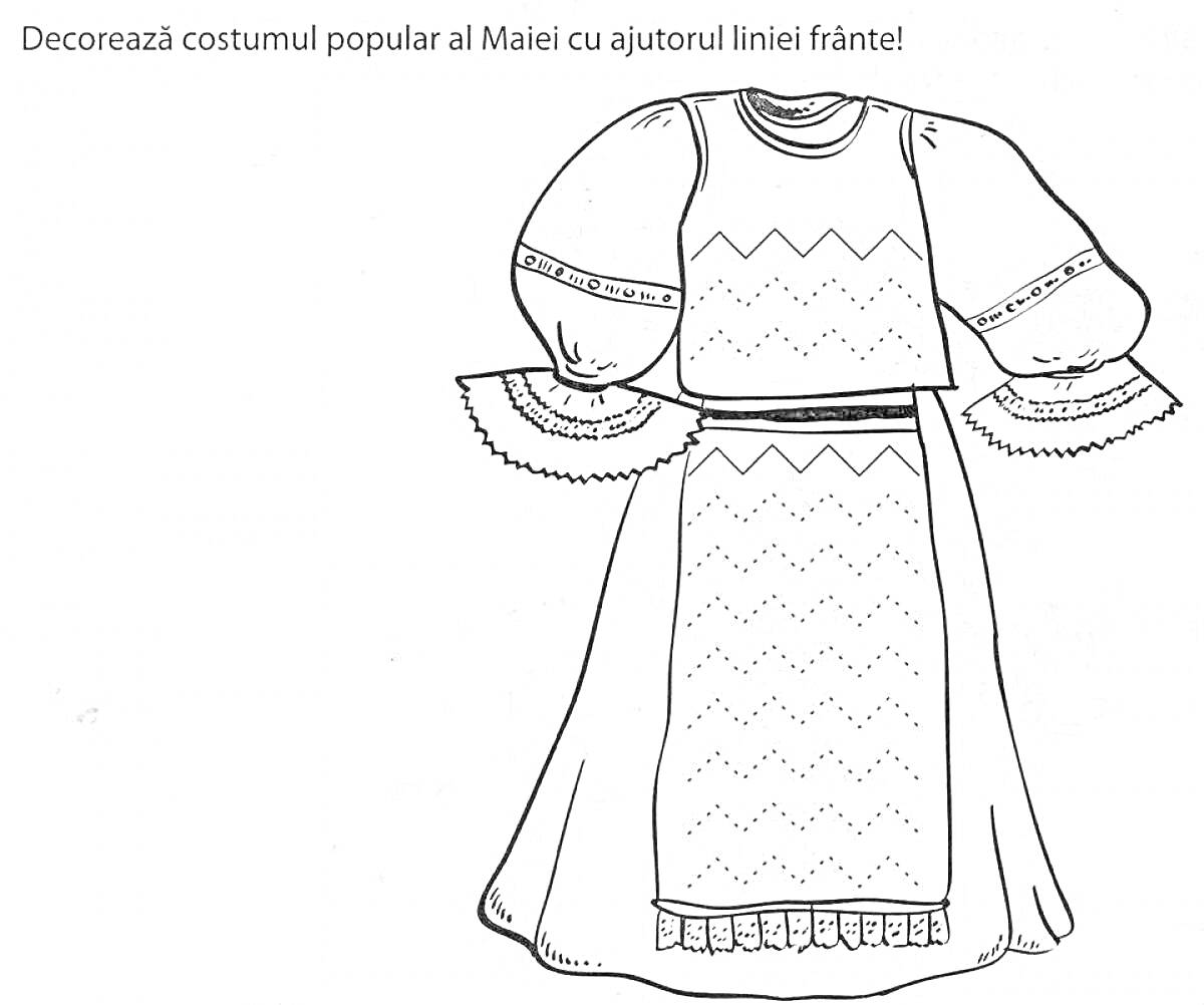 Раскраска Платье с длинным рукавом и фартуком в русском народном стиле, украшенное узорами