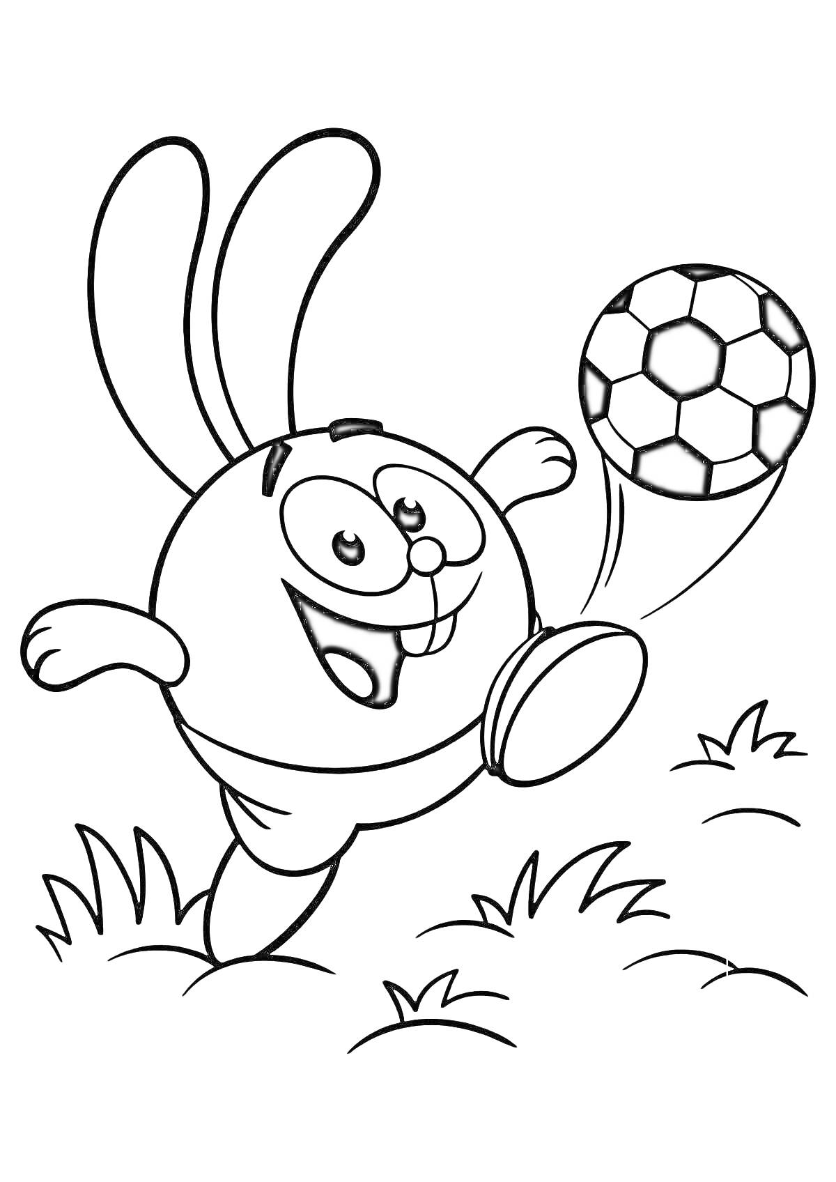 Раскраска Крош играет в футбол на траве