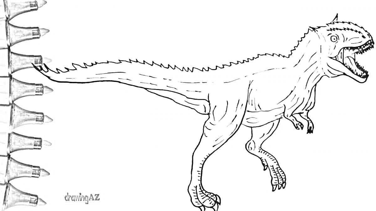 На раскраске изображено: Карнотавр, Динозавр, Карандаши