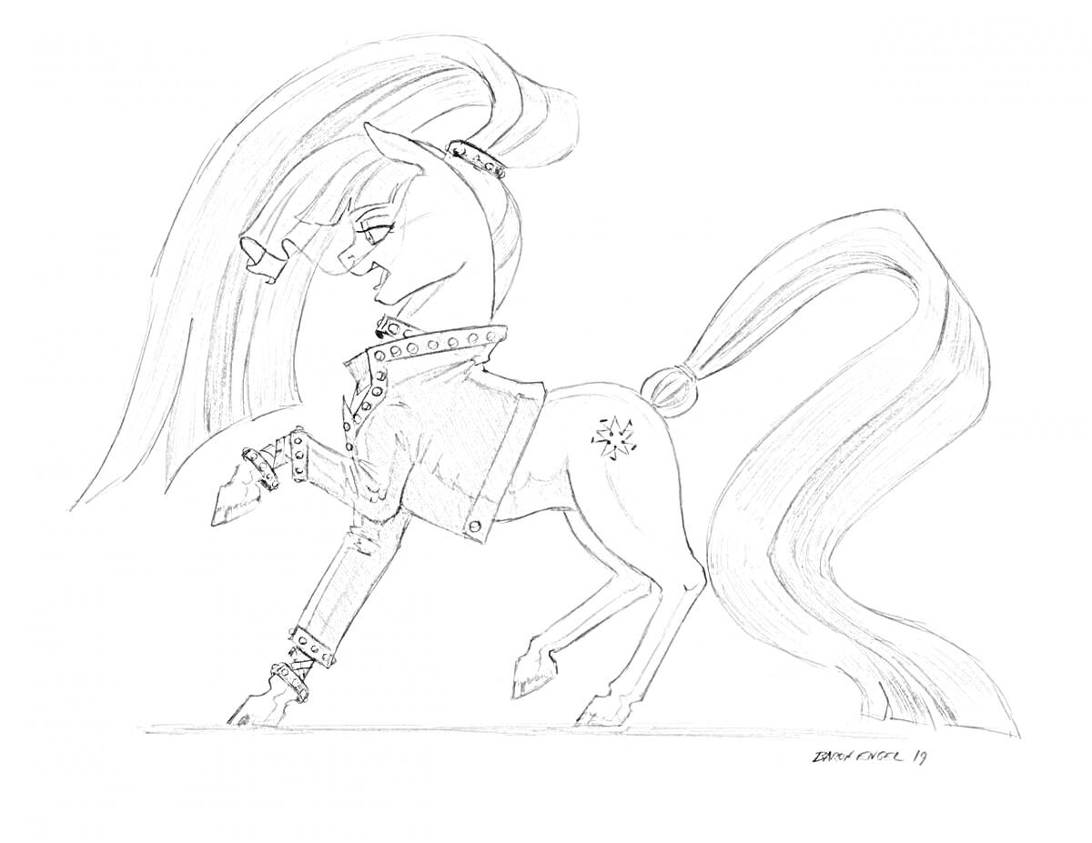 Раскраска Пони с длинной гривой и хвостом в плаще и наручних