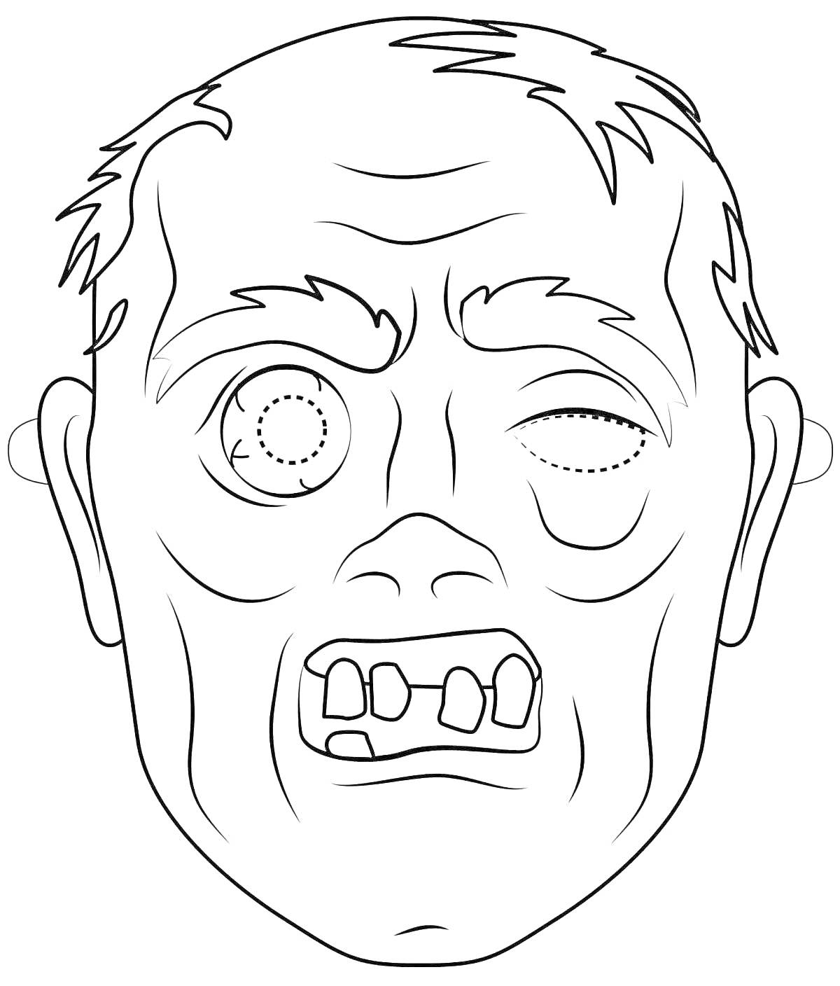 Раскраска Лицо зомби с одним глазом и кривыми зубами