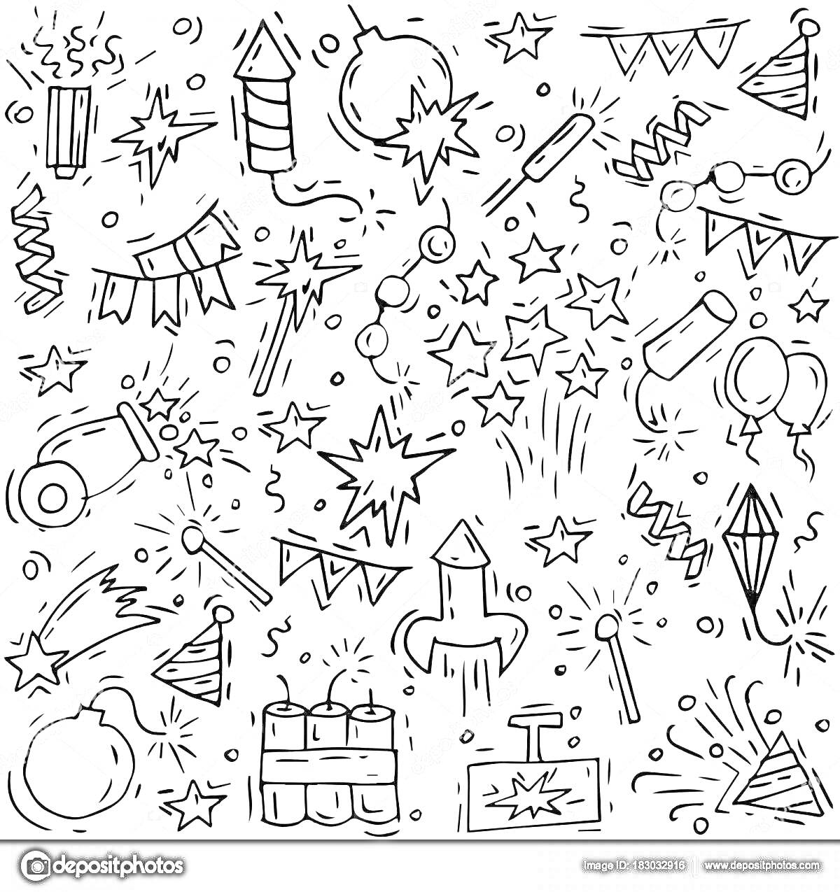 На раскраске изображено: Хлопушка, Ракета, Гирлянда, Воздушные шары, Праздничный колпак, Конфетти, Взрыв, Праздники, Фейерверки