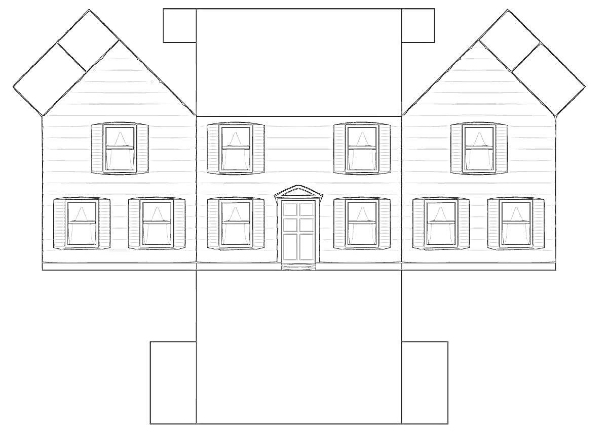 На раскраске изображено: Бумажный дом, Двускатная крыша, Дверь, Окна, Ставни, Архитектура, DIY