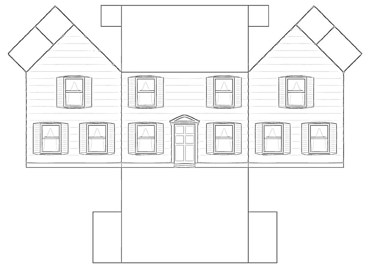 Раскраска Бумажный дом с двускатной крышей, один вход с дверью, шесть окон с ставнями и сайдингом
