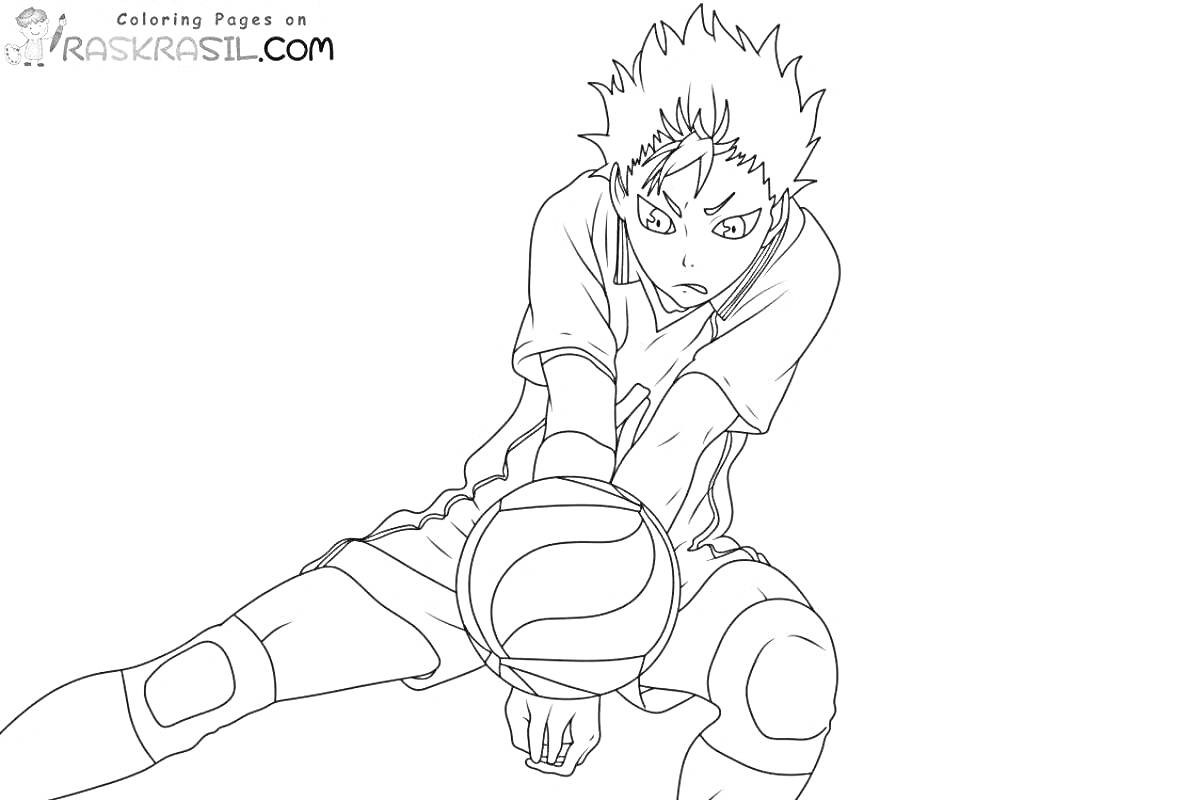 Раскраска Аниме персонаж, играющий в волейбол, делает приём мяча, в спортивной форме с налокотниками и наколенниками