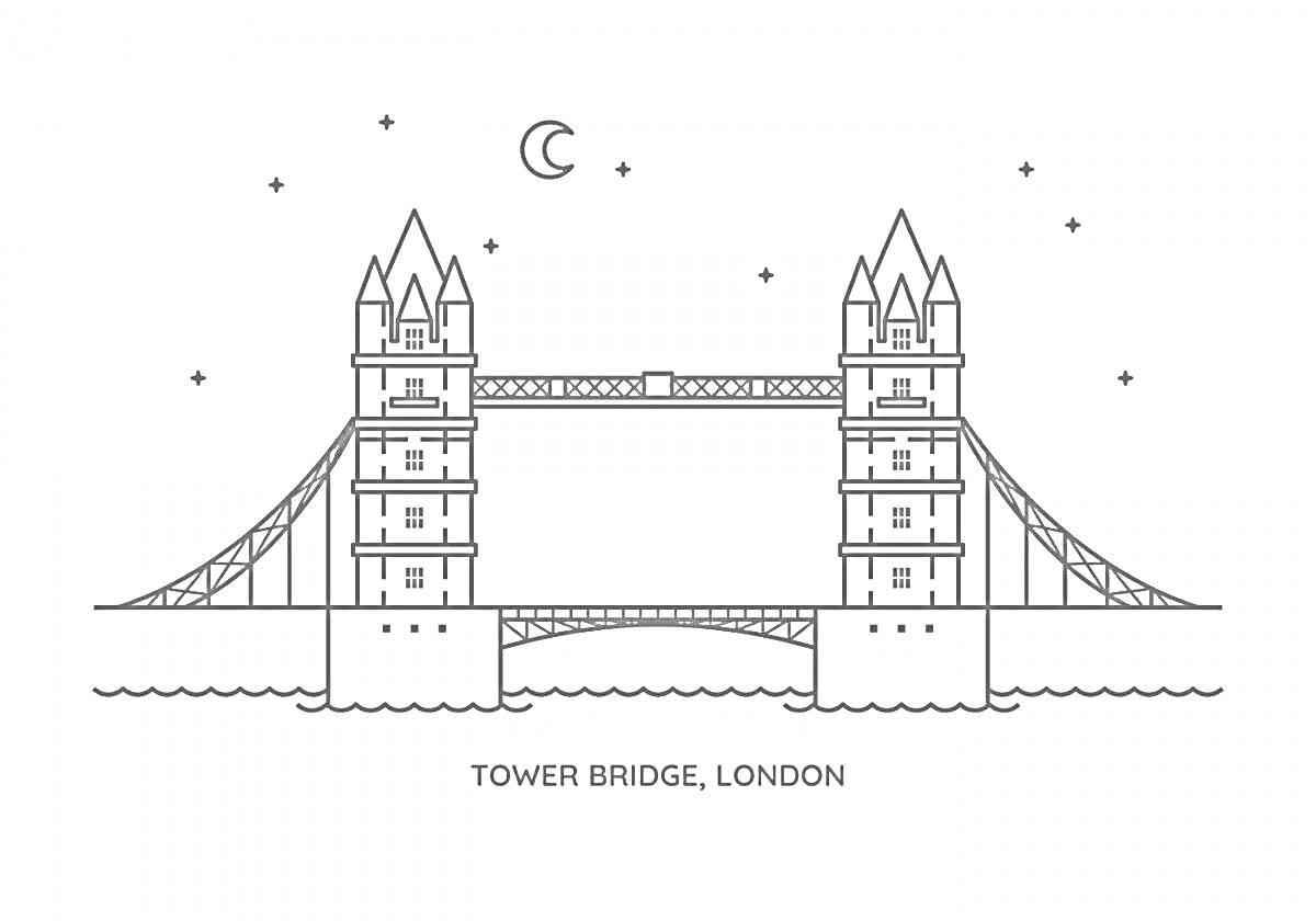 Раскраска Тауэрский мост ночью с луной и звездами