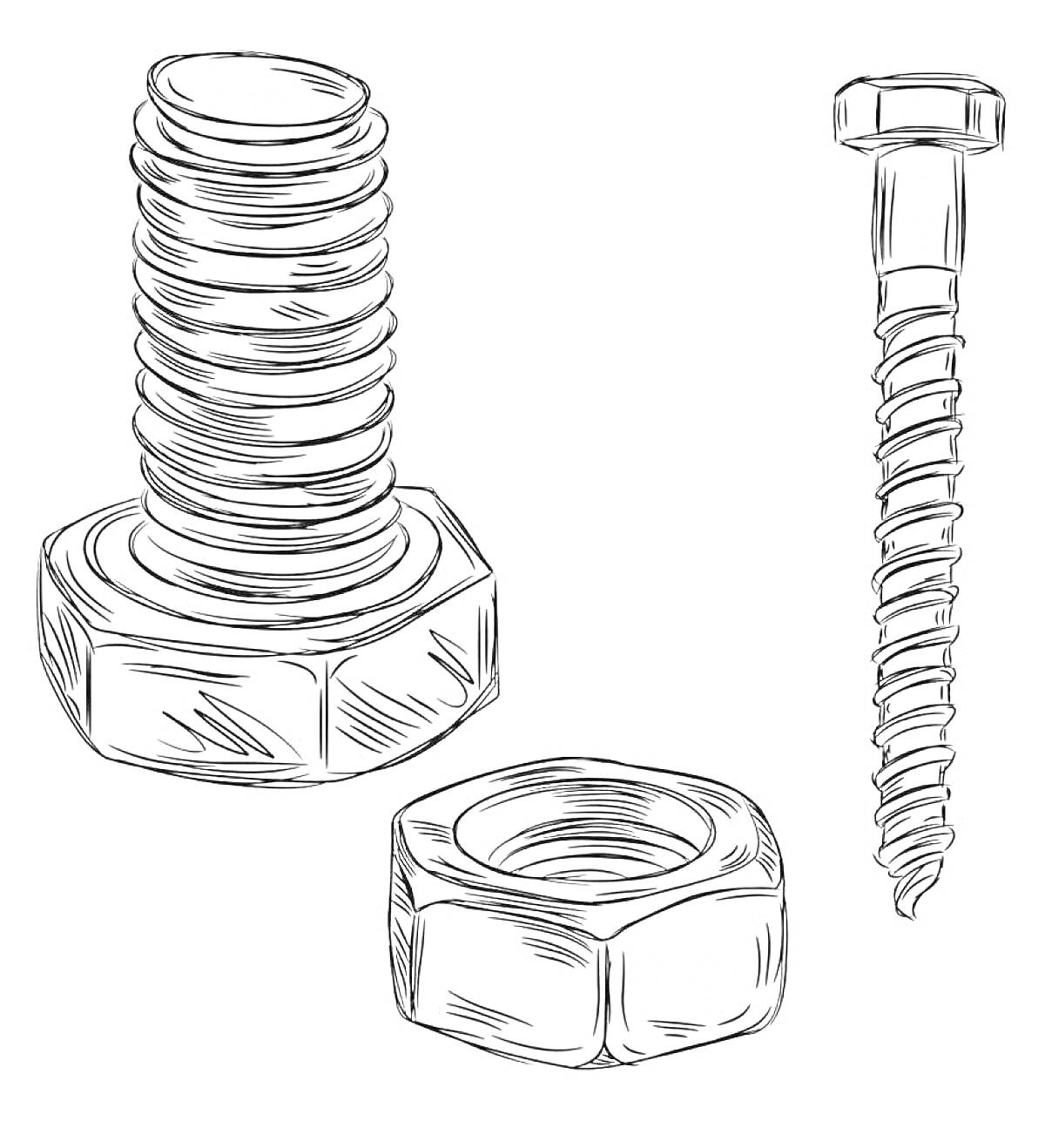 На раскраске изображено: Винт, Гайка, Крепеж, Инструмент, Механика, Металл, Детали, Сборка