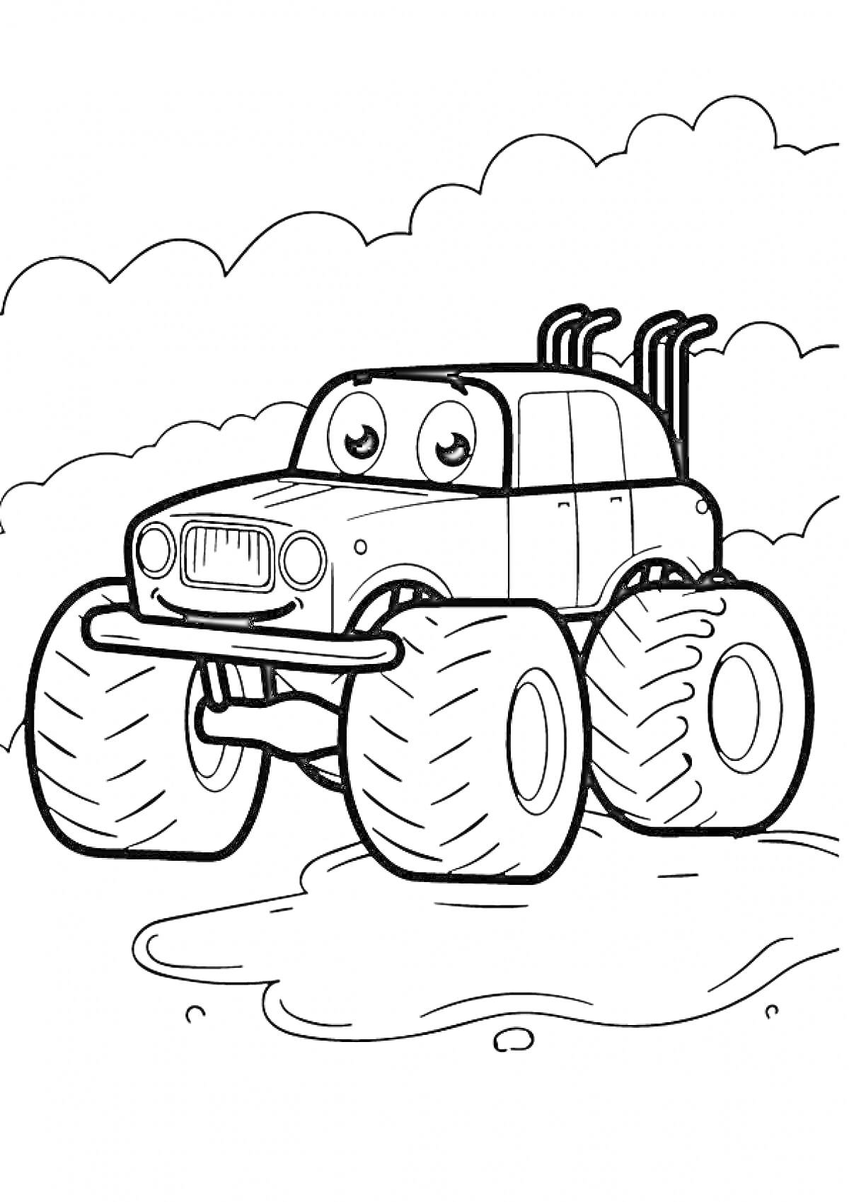 На раскраске изображено: Большие колеса, Облака, Для дошкольников, Авто, Монстер трак, Улыбка