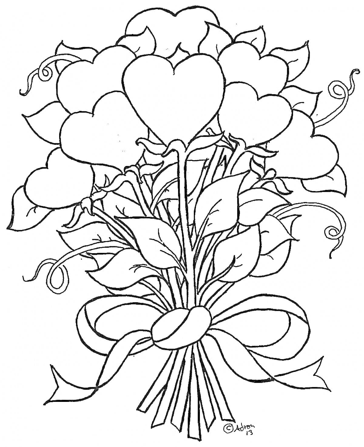 На раскраске изображено: Цветы, Листья, Бант, Для детей