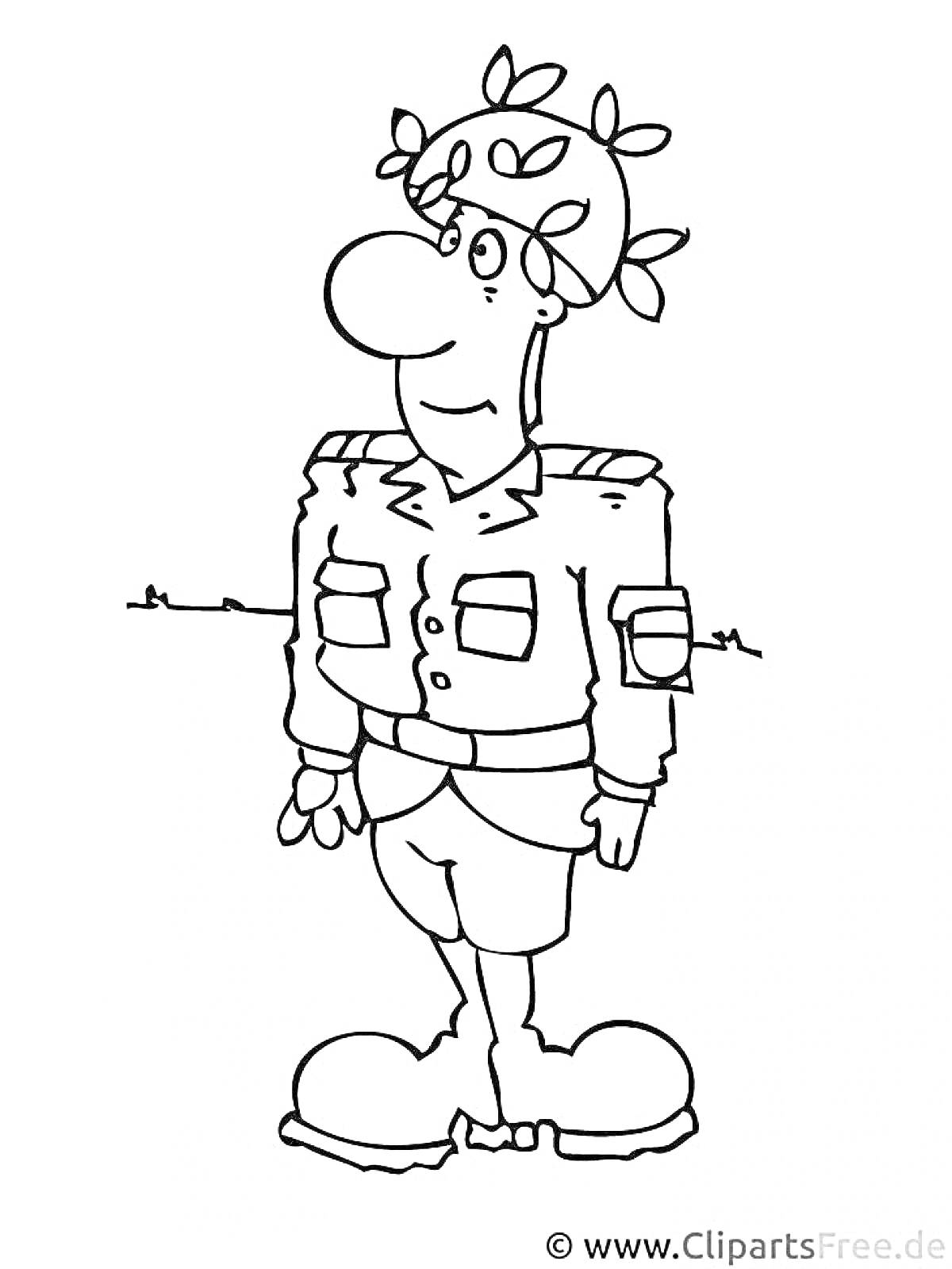 На раскраске изображено: Солдат, Военная форма, Фуражка, Ботинки, Листья
