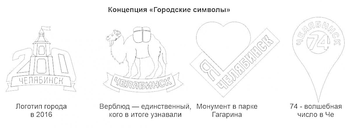 Раскраска Логотип города в 2016; Верблюд - единственный, кого в итоге украшали; Моцарты в парке Гагарина; 74 - восклицание числа в Че