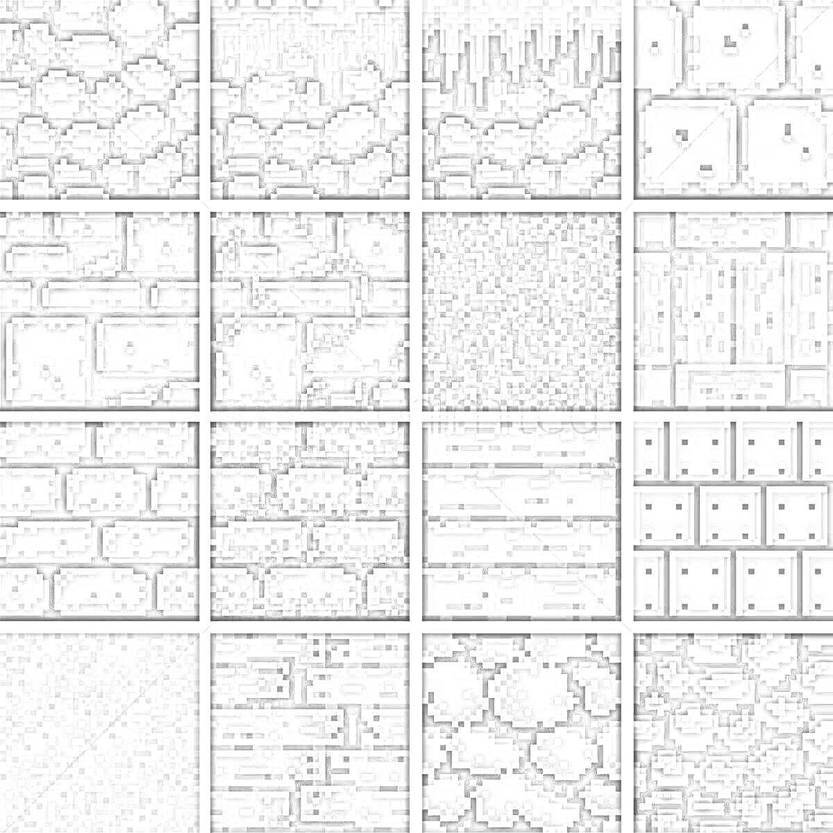 На раскраске изображено: Плитки, Текстуры, Камни, Кирпичи, Металл, Пиксельный стиль, Игра, Декор