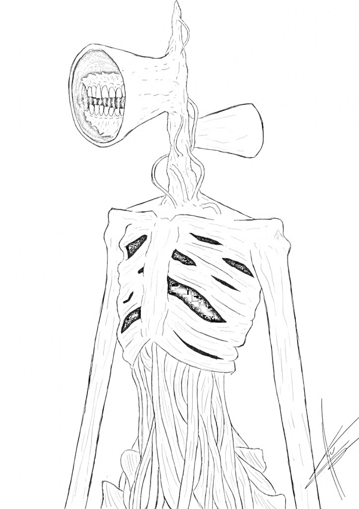 Раскраска Сиреноголовый с вытянутым телом и ребрами, сиреной вместо головы и вытянутыми руками