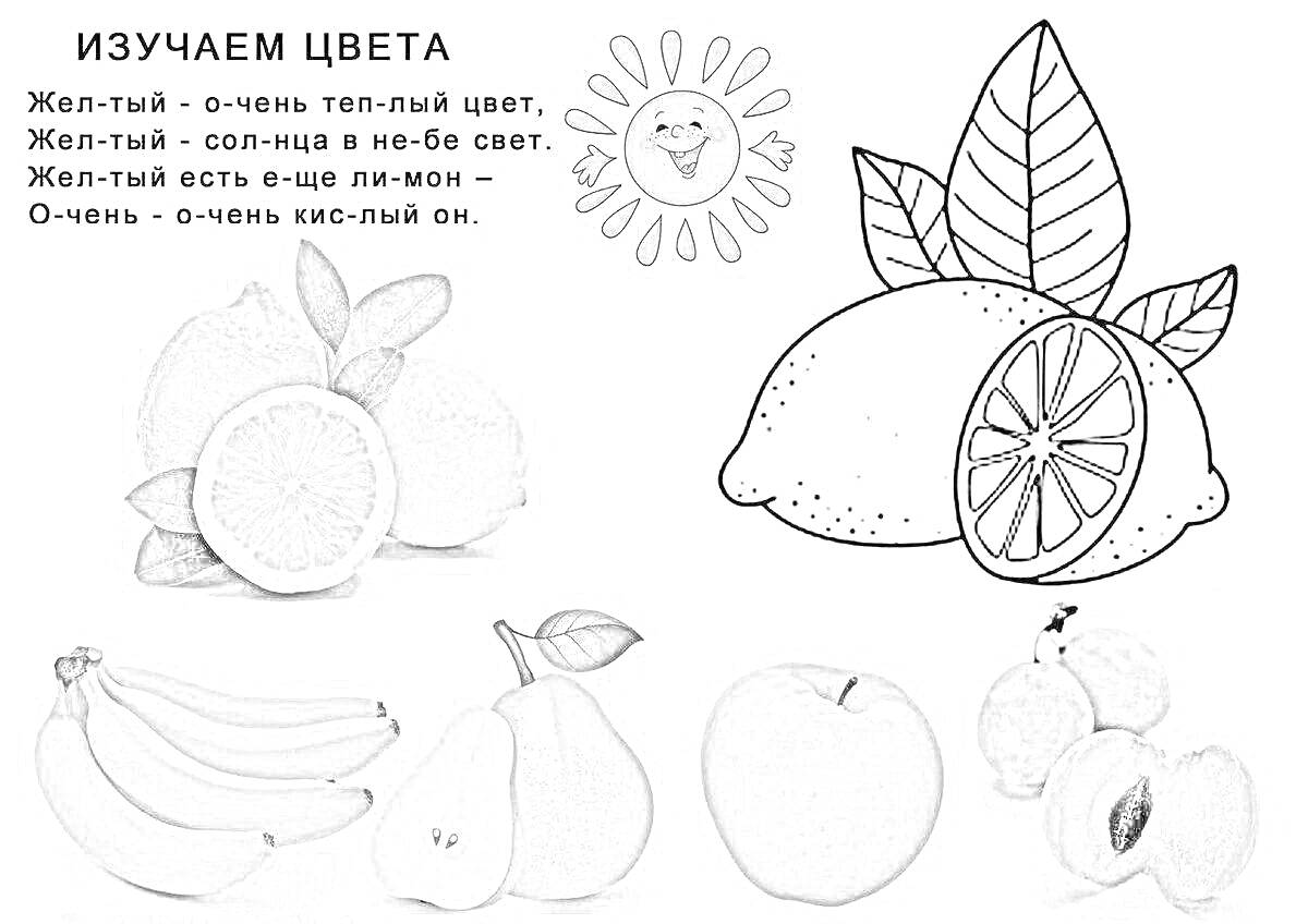На раскраске изображено: Солнце, Лимон, Банан, Яблоко, Персик, Для малышей, Груши