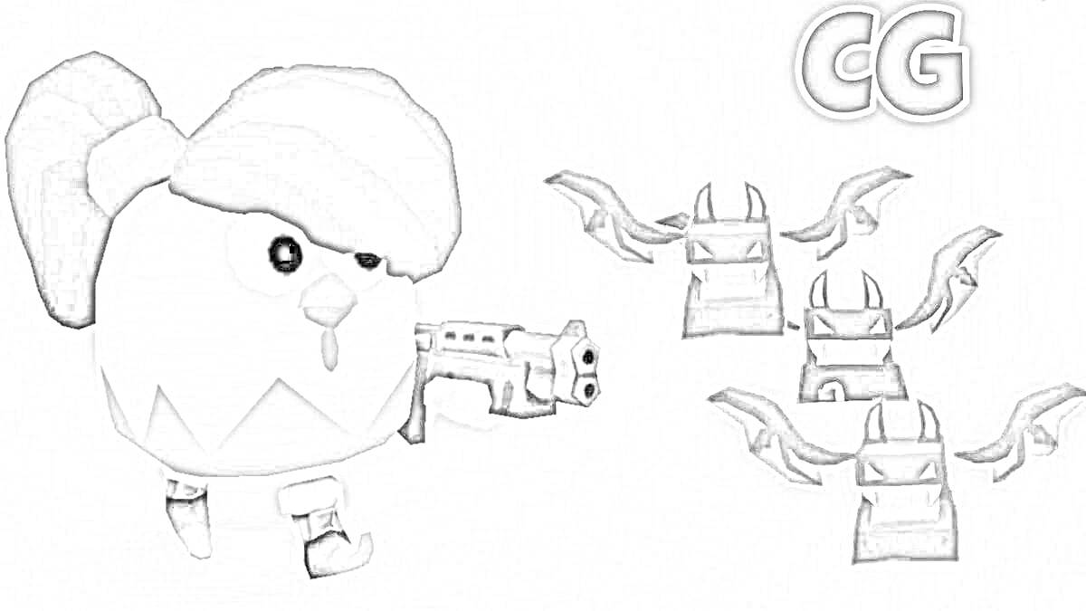 На раскраске изображено: Ружье, Персонаж, Игра, Оружие, Летучая мышь, Курицы