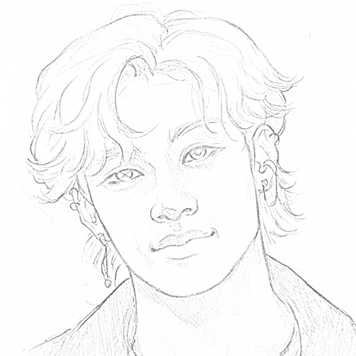 Раскраска Портрет молодого человека с серьгами и волнистыми волосами