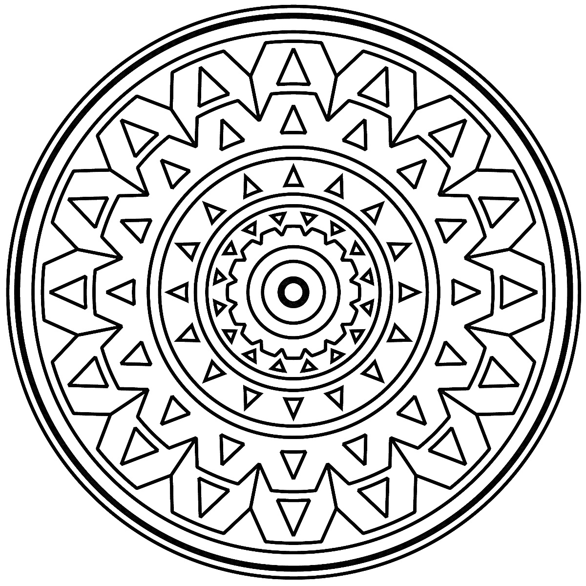 Раскраска Мандала с концентрическими кругами, зубчатыми узорами и треугольными элементами