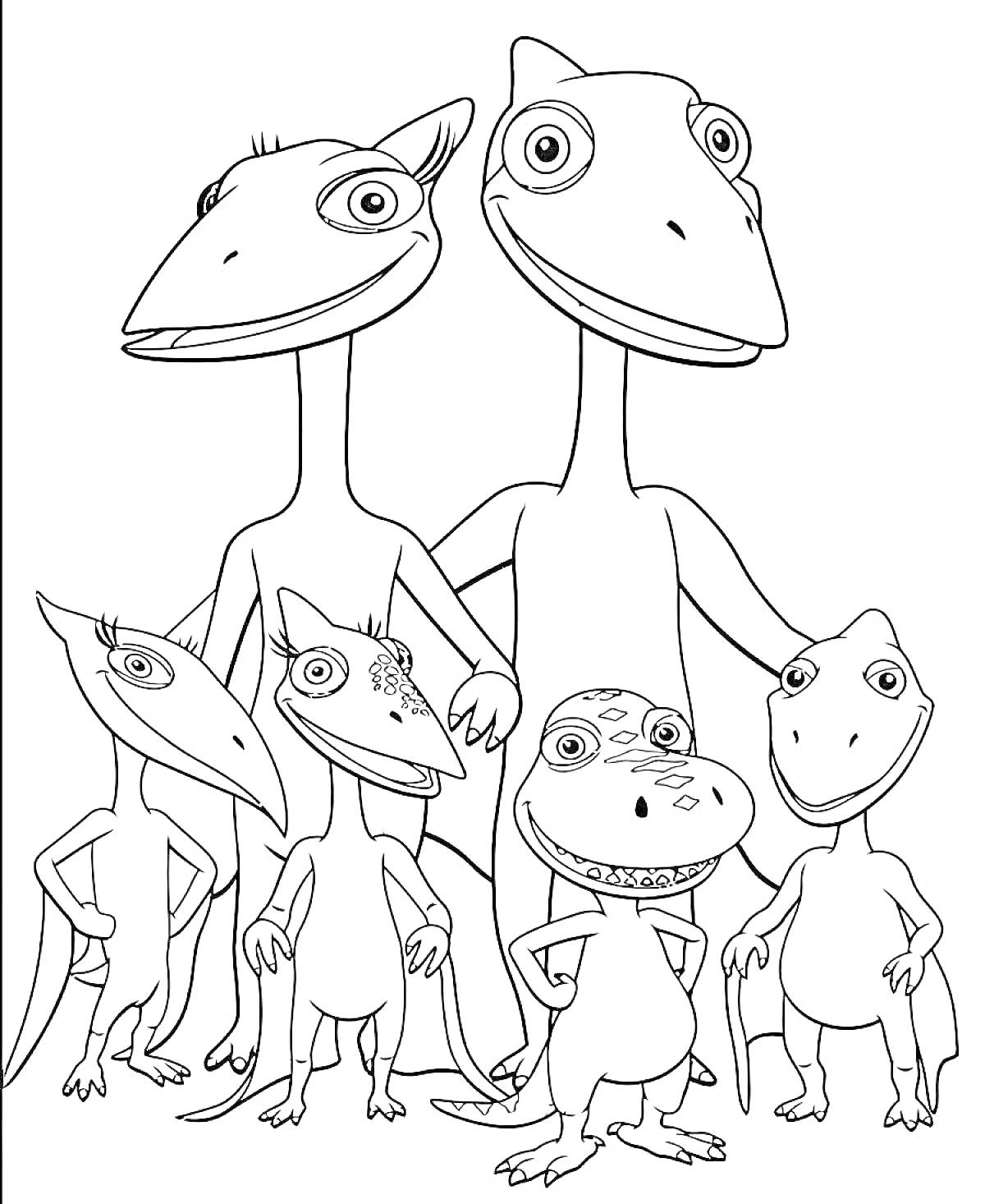 Группа динозавров из Поезда Динозавров (шесть динозавров разного размера)