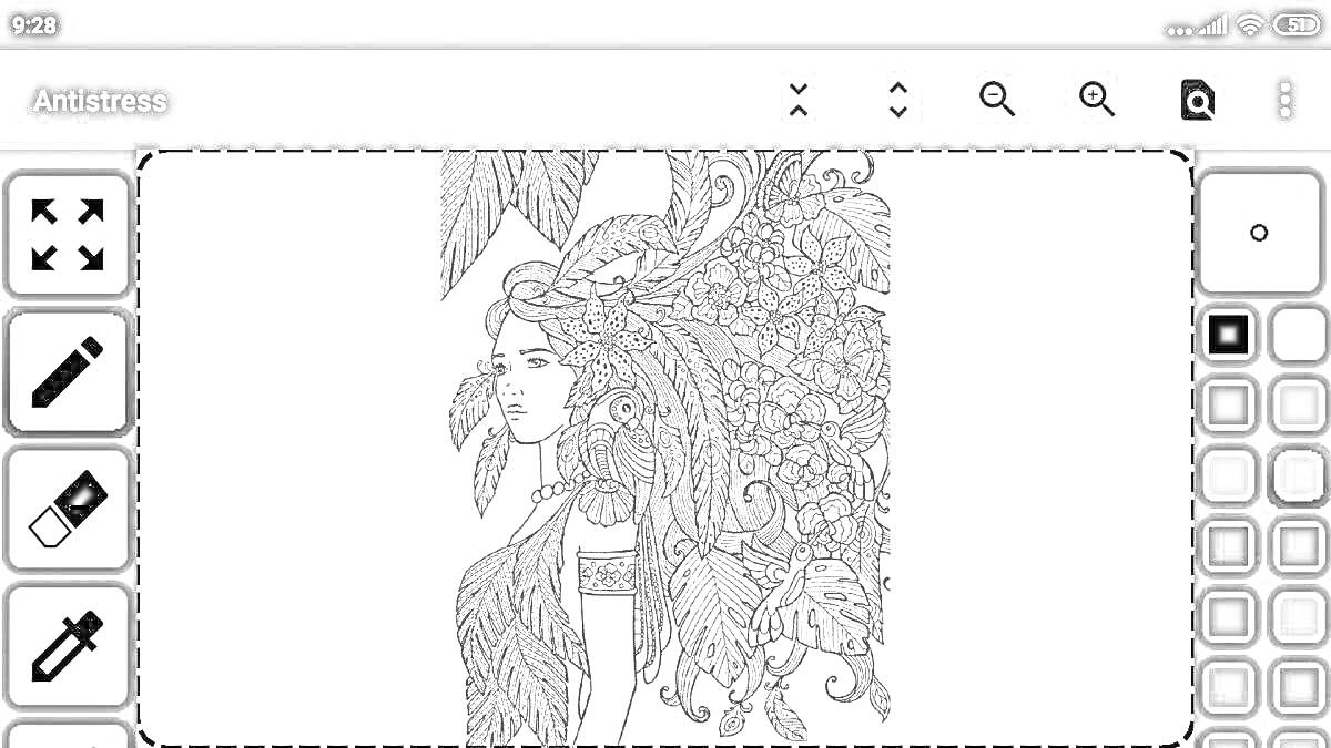 На раскраске изображено: Андроид, Интерфейс, Человек, Цветы, Растения, Волосы