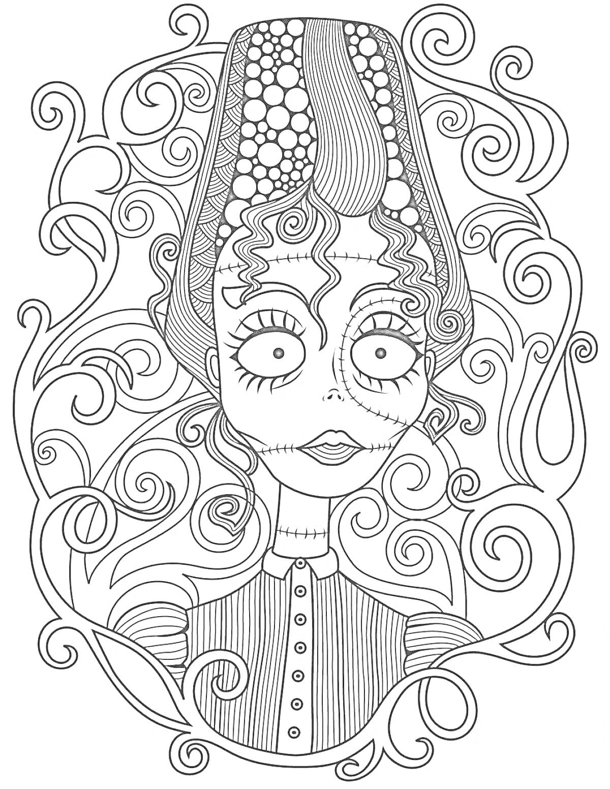 Раскраска Женский персонаж в высокой прическе со шрамами, декорированный в вихревом узоре
