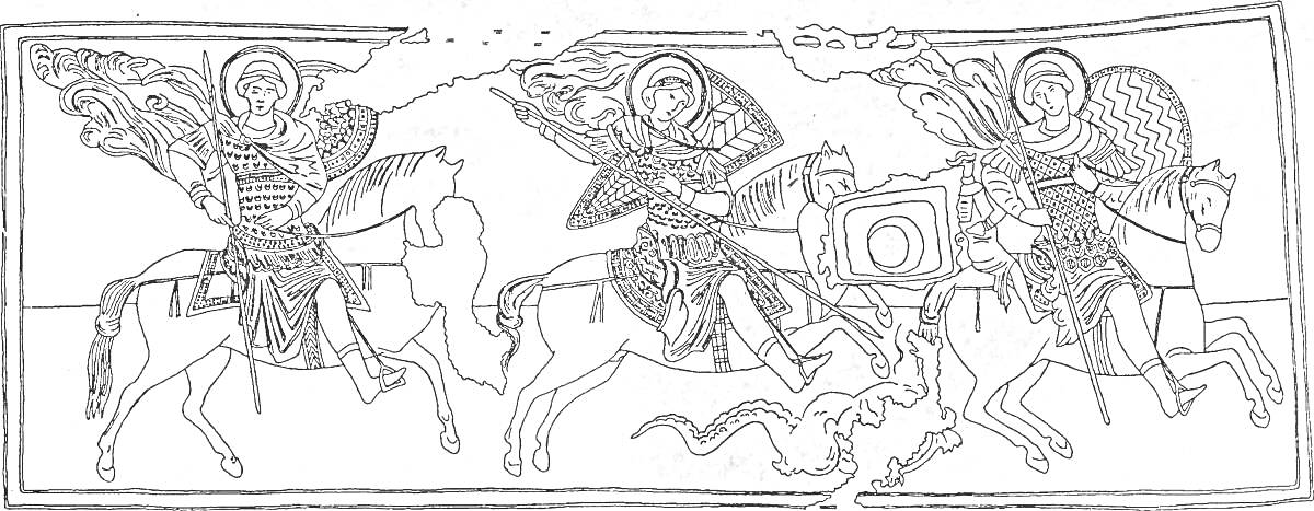 Раскраска Георгий Победоносец верхом на коне с копьем, побеждающий дракона, изображение трёх воинов с крыльями на лошадях