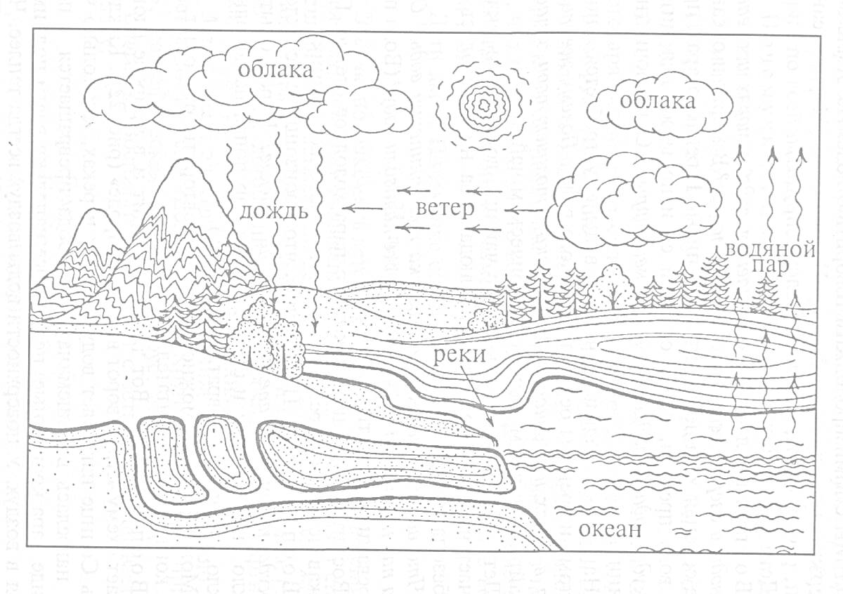 На раскраске изображено: Круговорот воды, Природа, Облака, Дождь, Ветер, Солнце, Горы, Деревья