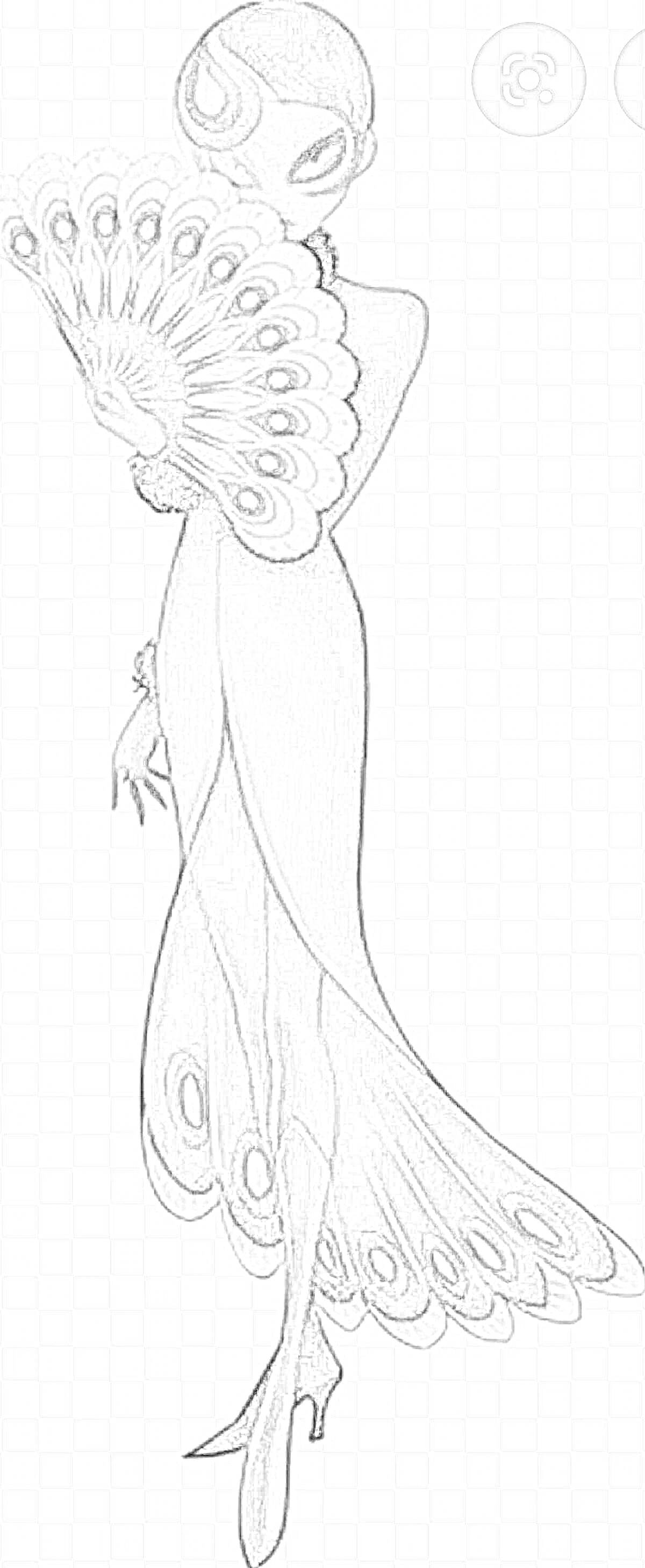 Раскраска Маюра держит веер в прямом платье с волнистыми деталями в нижней части