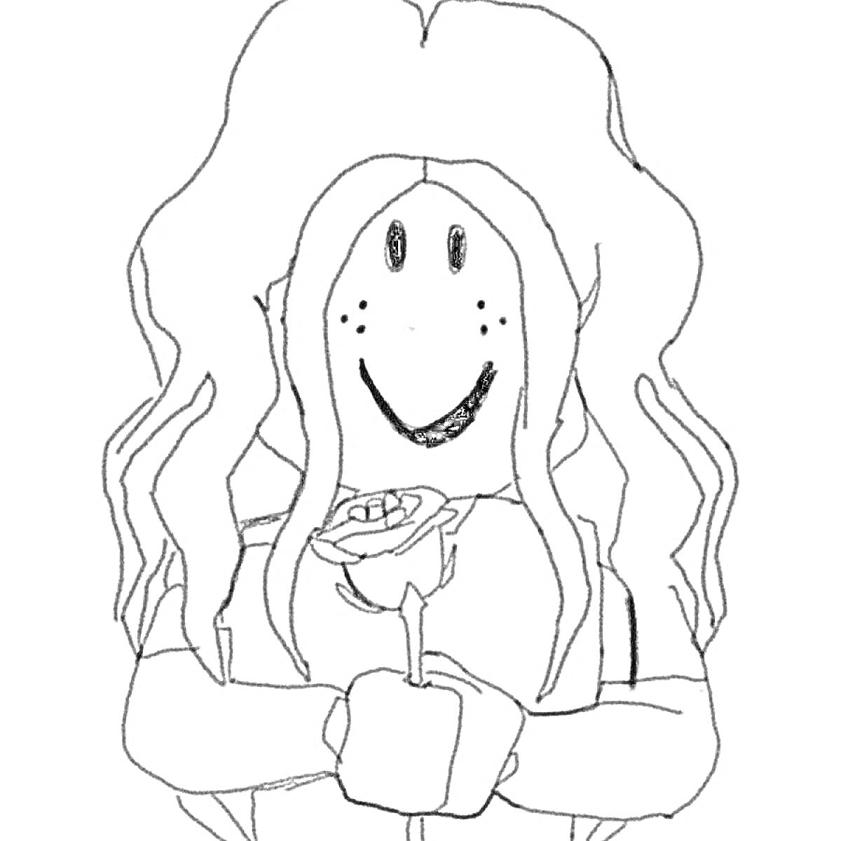Раскраска Девочка с розой из Роблокс с длинными волнистыми волосами и улыбкой