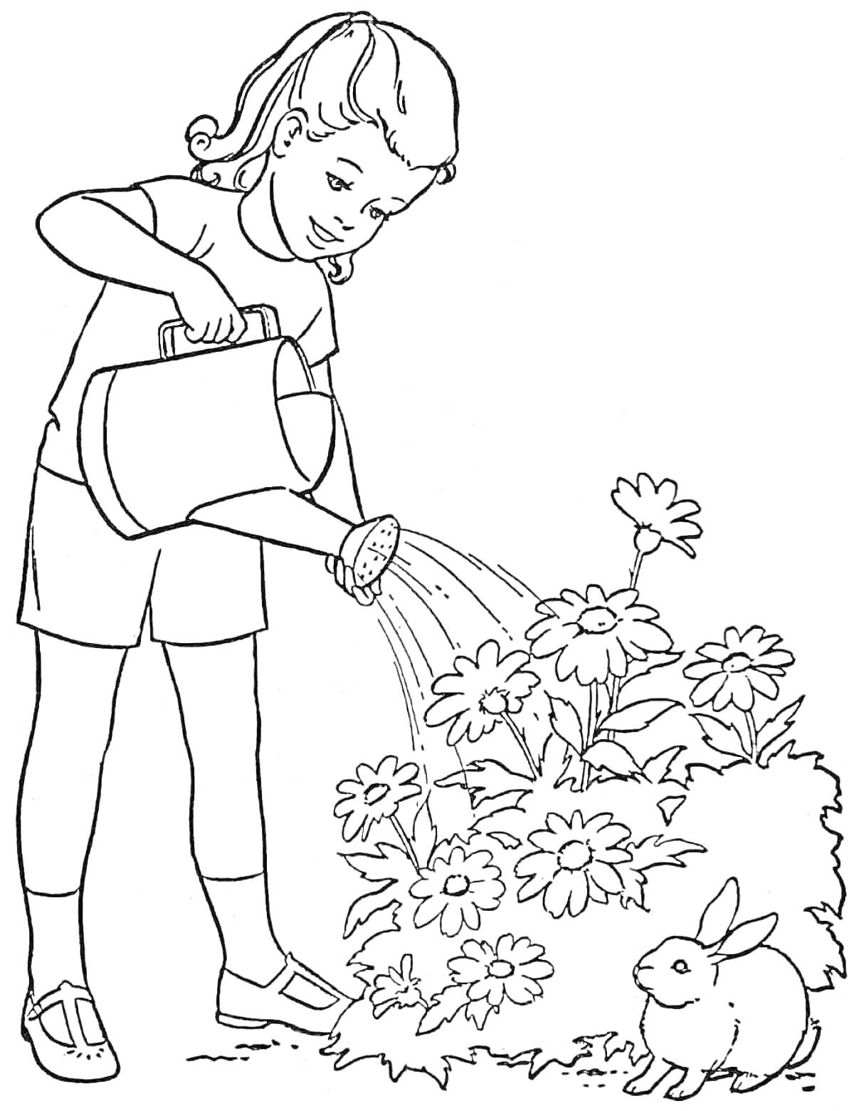 На раскраске изображено: Девочка, Полив, Цветы, Лейка, Кролик, Природа, Садоводство, Кусты