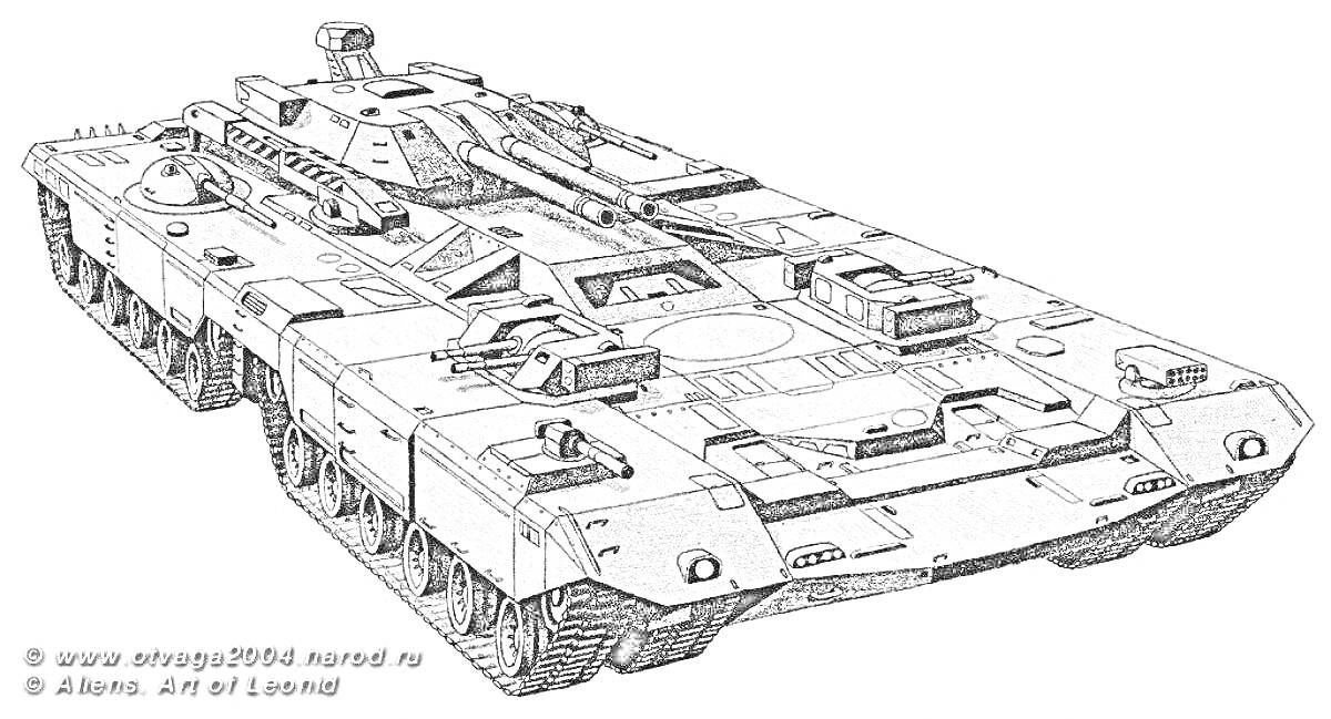 Черно-белая раскраска танка Армата с деталями корпуса, пушкой, гусеницами и башней