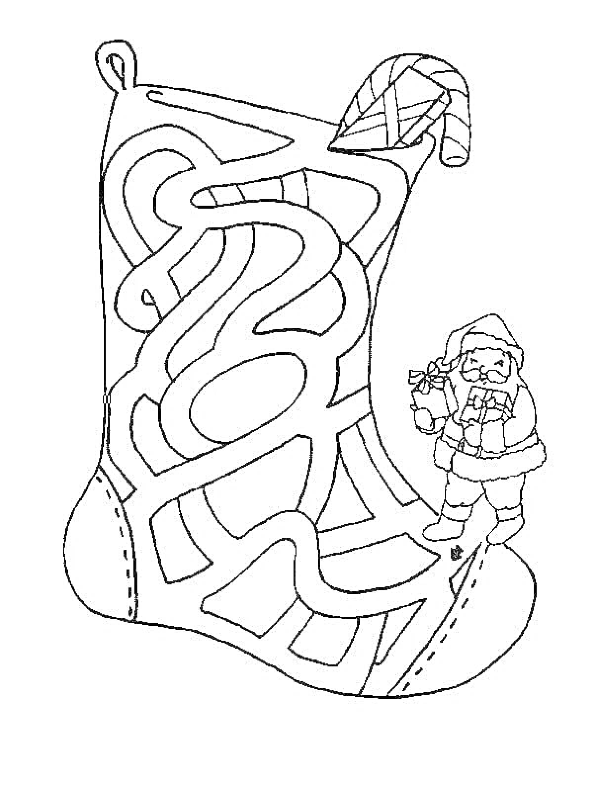 Раскраска новогодний лабиринт в рождественском чулке с Санта-Клаусом и леденцом