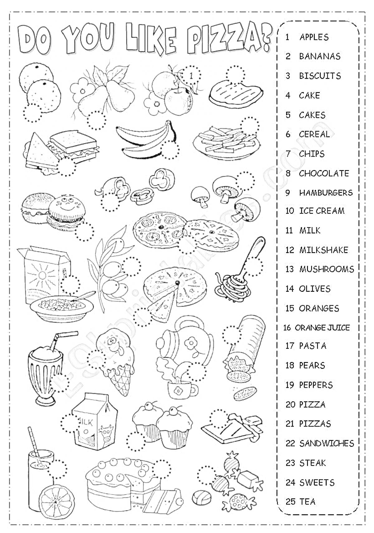 Раскраска Раскраска про еду на английском (яблоки, бананы, печенье, торт, плюшки, хлопья, чипсы, шоколад, гамбургеры, мороженое, молоко, молочный коктейль, грибы, оливки, апельсины, сок, макароны, груши, перец, пицца, бутерброды, стейки, звезда, сладости, чай)
