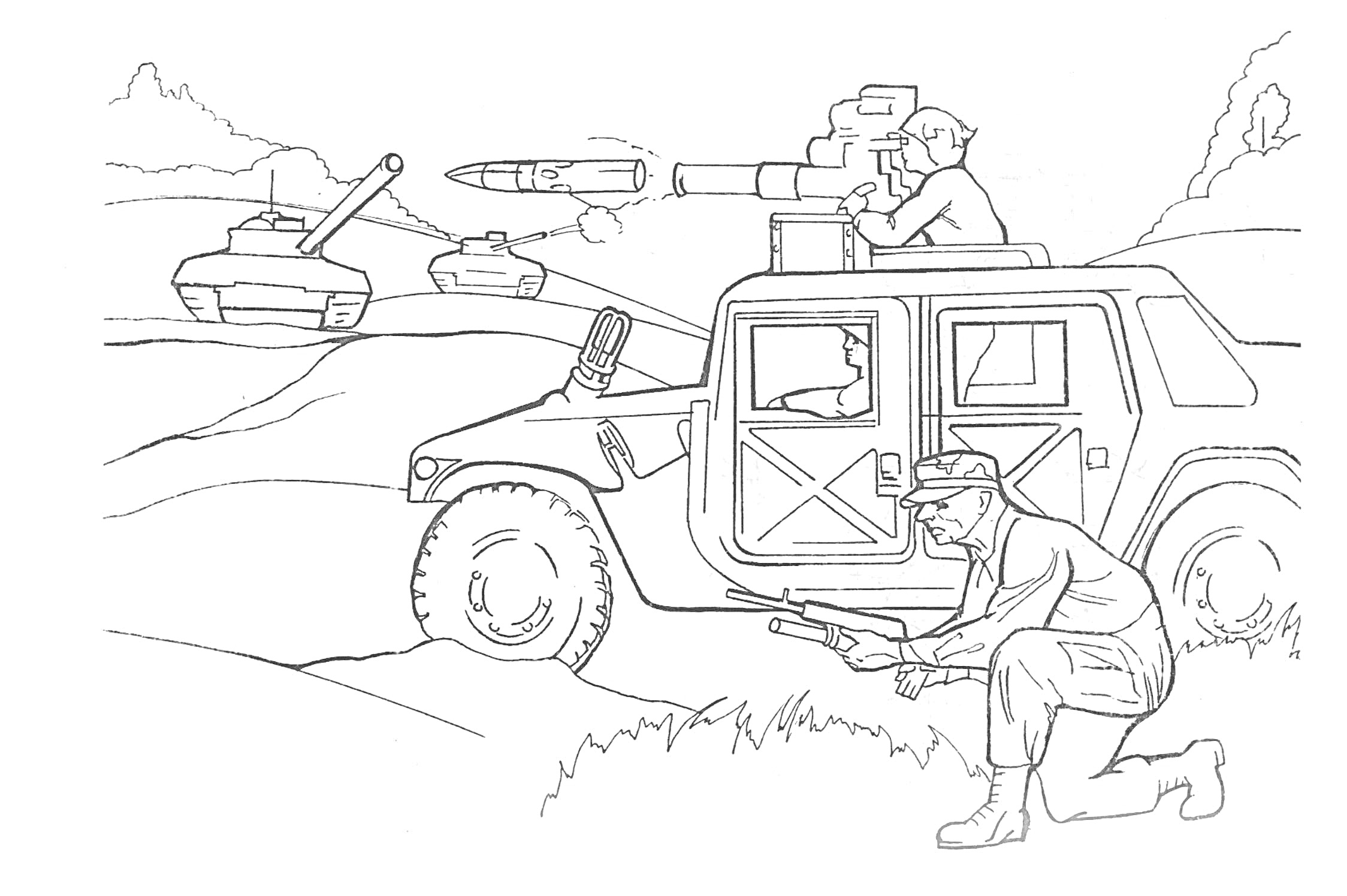Раскраска Военный джип с установленным пулеметом и солдатом, стреляющим из укрытия. На заднем плане боевой танк.