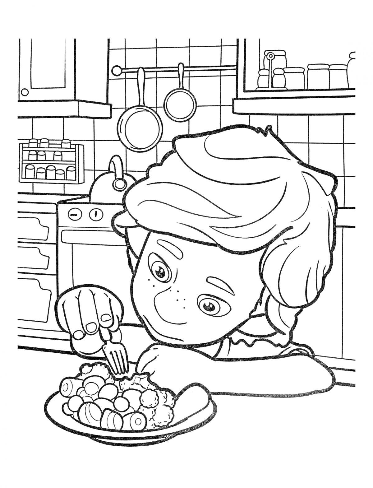 Раскраска Мальчик ест макароны в кухне