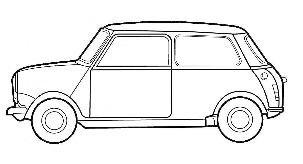 Раскраска Легковая машина с двумя окнами на боку, без переднего и заднего стекла, два колеса, одна дверь, одинарные фары спереди и сзади.